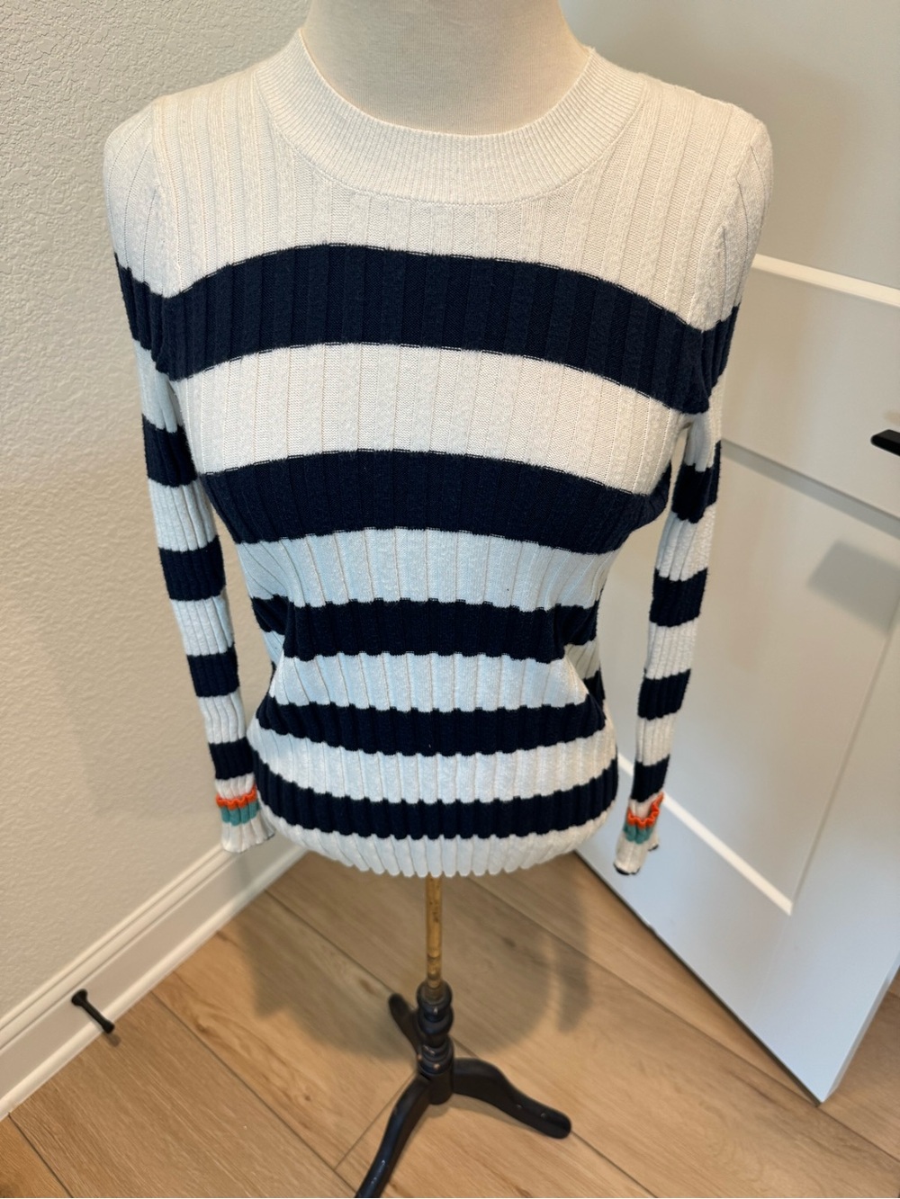 LOFT Striped Rib-Knit Crewneck Sweater | XS Petite | Navy and white striped